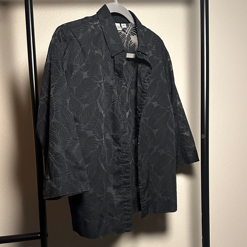 Studio Works Black Leaf Pattern Sheer Button Up